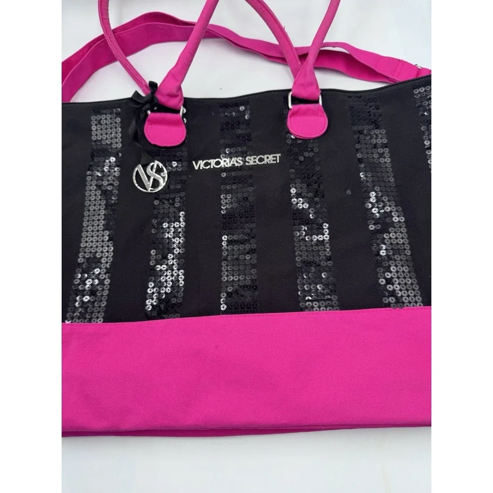 Victoria's Secret Sequin Stripe Hot Pink/ Black Weekender Large Duffel Bag